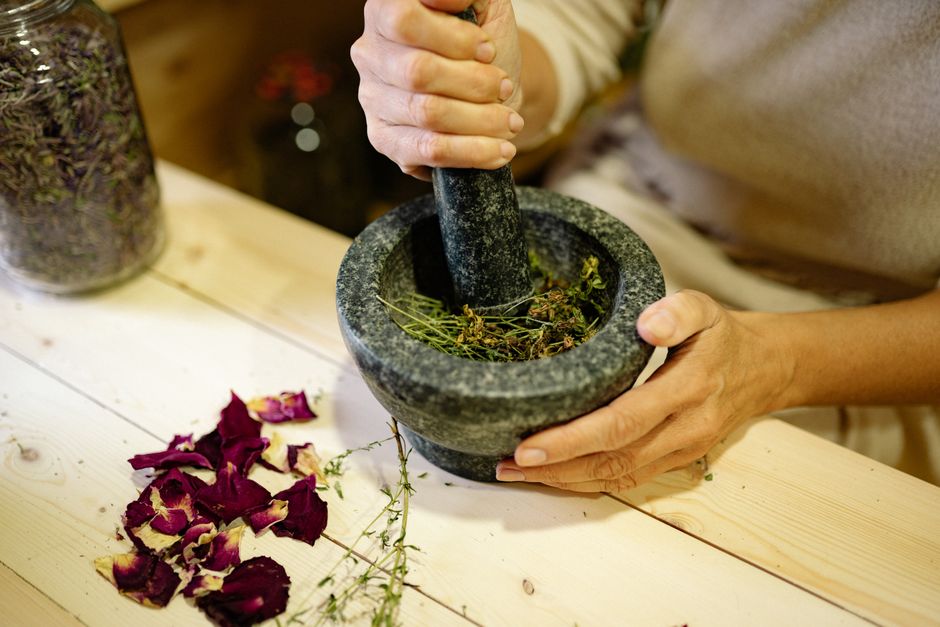 Dried medicinal herbs used to prepare custom hanyak herbal formulas at a Korean medicine clinic